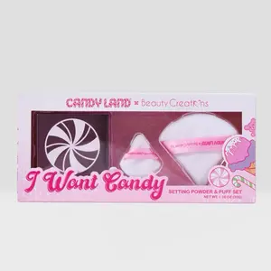 CANDY LAND X BEAUTY CREATIONS I WANT CANDY LOOSE POWDER & PUFF SET with Sweet Candy Packaging Makeup Cosmetic Golden Matte Setting