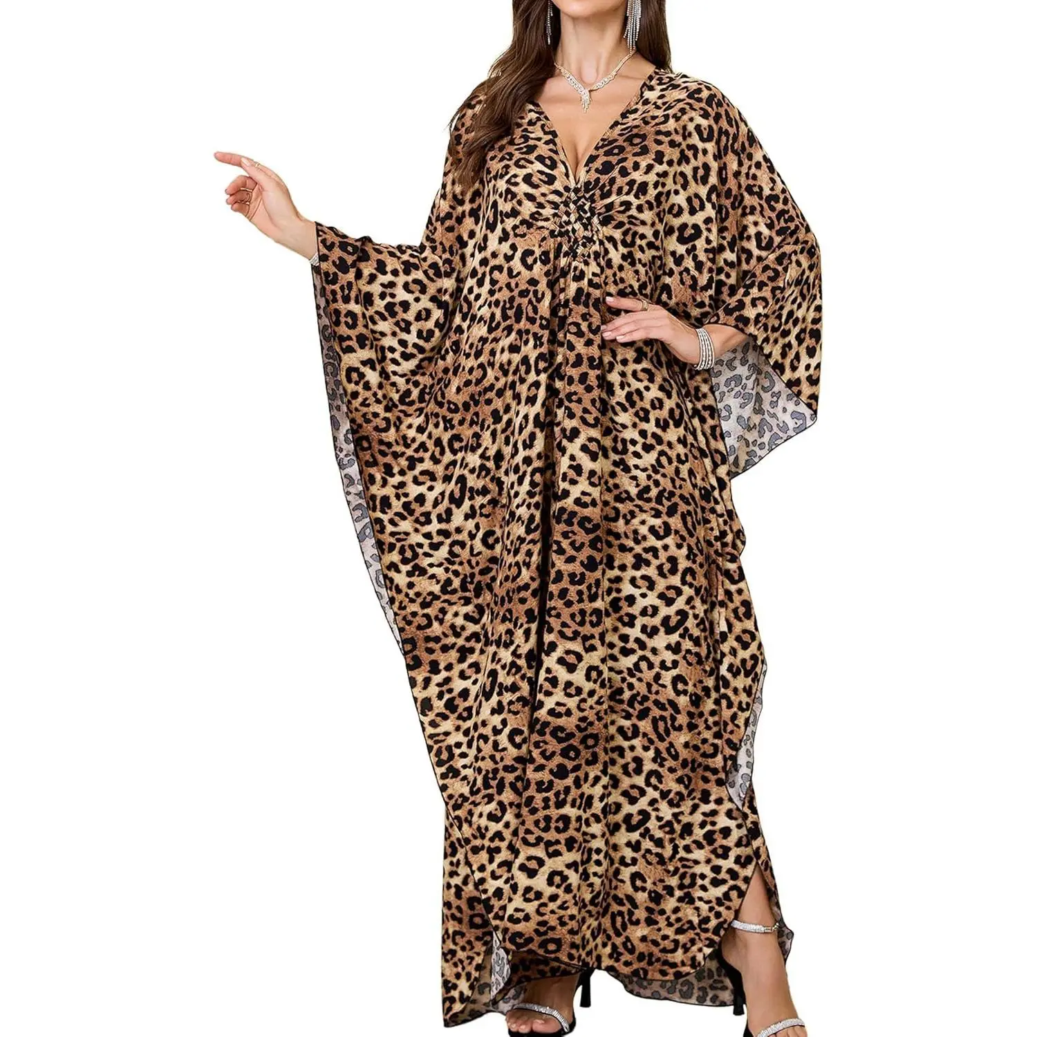 Women Kaftan Dresses Plus Size V-Neck Batwing Sleeves Beach Cover Up Summer Floral Print Caftan Dress