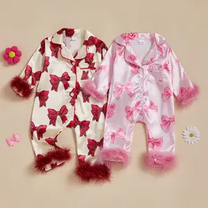 Infant Baby Girl Pajamas Sets Long Sleeve Bow Print Furry Patchwork Button Closure Jumpsuit Sleepwear Loungewear