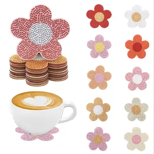 Flower Shaped Pattern DIY Diamond Arts Colorful Painting Rhinestone Painting Coaster Kit, 10pcs/set DIY Decorative Coaster for Home Kitchen Office Desk, Home Decoration