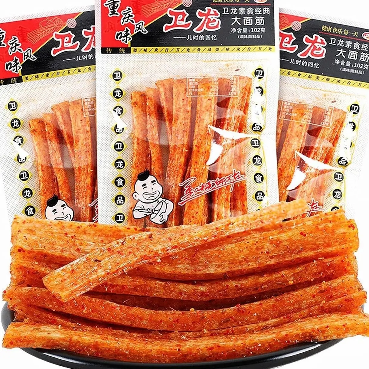 Spicy Strips - Spicy Gluten Latiao, Chinese Special Casual Snack Food, Made From Wheat / Chili / Spice, Low Sugar and Low Calories, Best Vegan, 102g (Pack of 3)