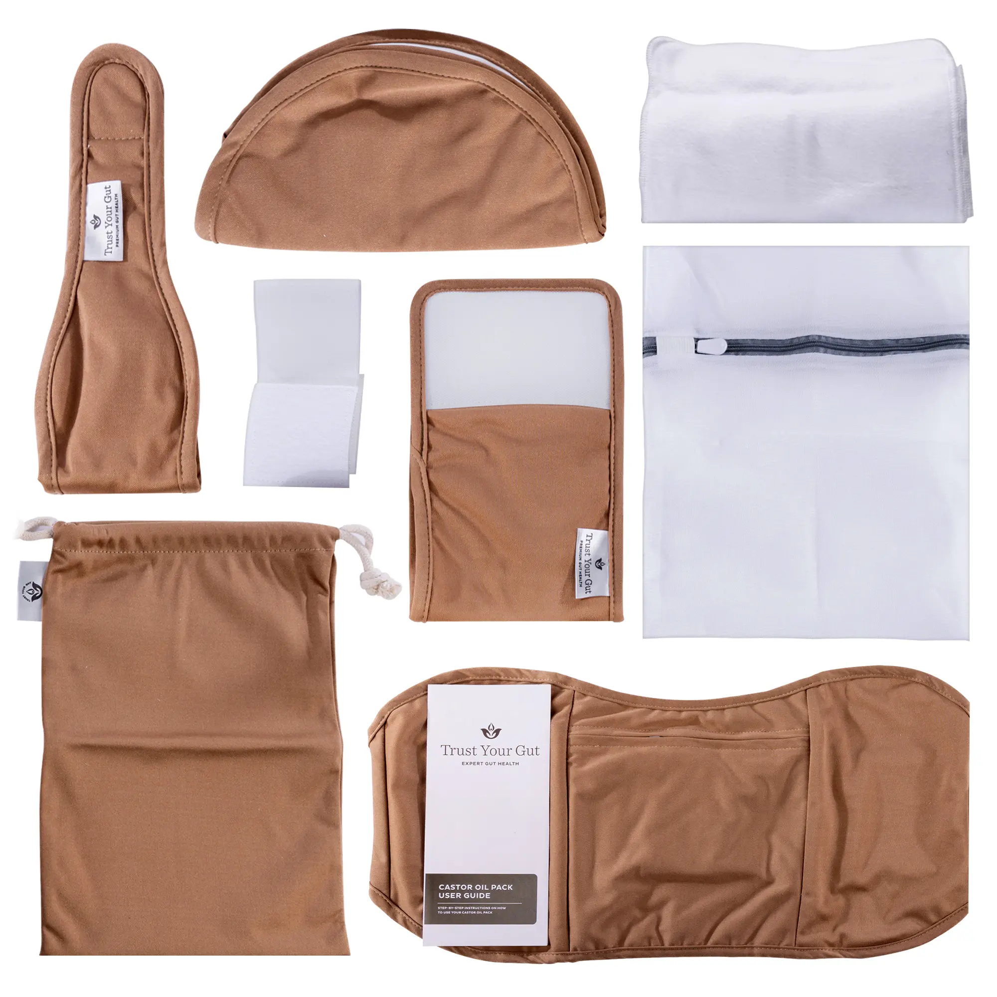 Trust Your Gut Wellness Castor Oil Wrap Pack - 9pc Stomach, Neck, Foot Wraps & Breast Pads, Wash Bag Included