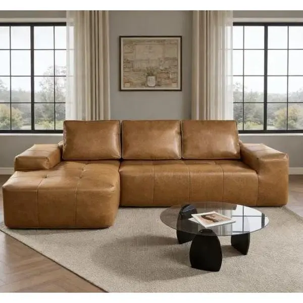 【2 Packages Shipping】FVBEAYA Boneless Couches for Living Room, Brown Faux Leather Cloud Sectional Couches with Chaise, Deep Seat L Shaped Modular Sofa, No Assembly Required Sofas in a Box