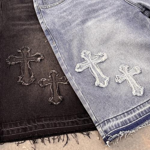 Sopula Studio Men's Vintage Hiphop Cross Appliqué Rhinestone Jorts Denim Shorts SpringStatements Ripped Jeans Ripped Straight Leg