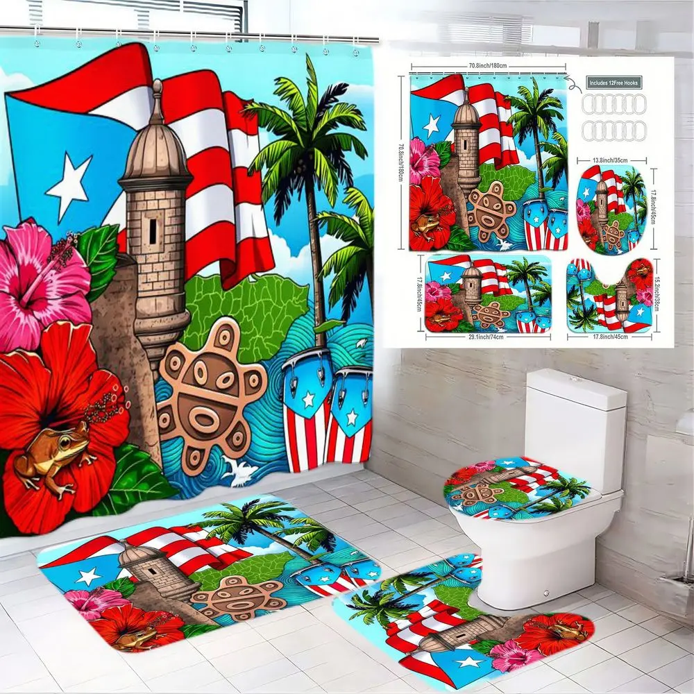 1/4pcs Puerto Rican Themed Bathroom Set, Shower Curtain Sets with El Morro Tower, Hibiscus, Palm Trees & Flag, Matching Bath Mat, Toilet Lid Cover & Small Rug - Festive Tropical Patriotic Decor for Bathroom, Perfect for Summer, National Day Celebration