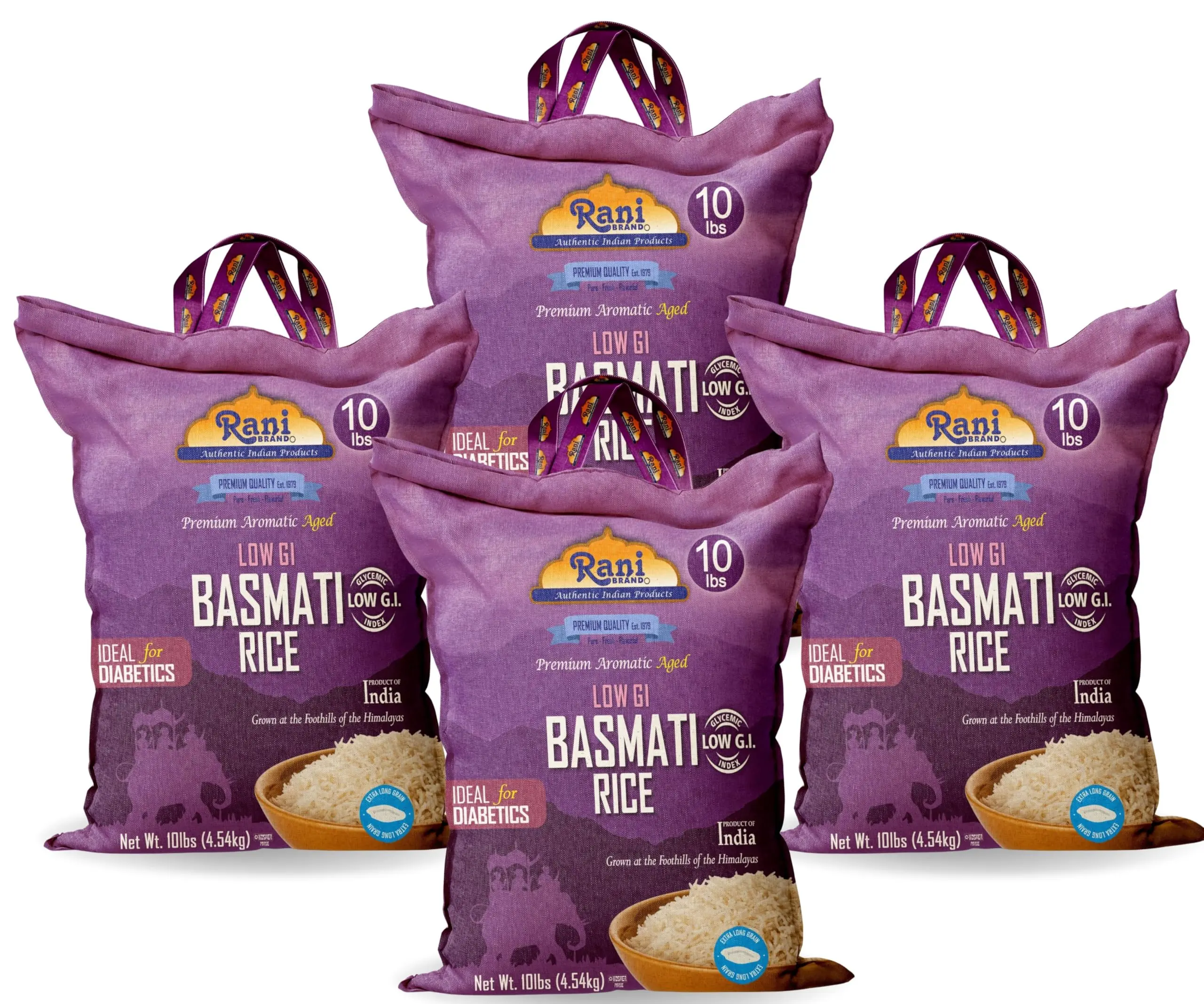 Rani White Basmati Rice Low GI (Glycemic Index) Extra Long Aged, Ideal for Diabetics, 10lbs (160oz) Pack of 4 Cloth Bag ~ All Natural | Gluten Free | Vegan | Indian Origin | Export Quality
