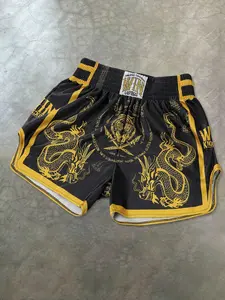 Men's Gold Satin Muay Thai Shorts, Golden Dragon Tiger Cross Weapon Print, Comfortable Satin Fabric, Street Style Party Casual Wear, Athleisure Street Shorts