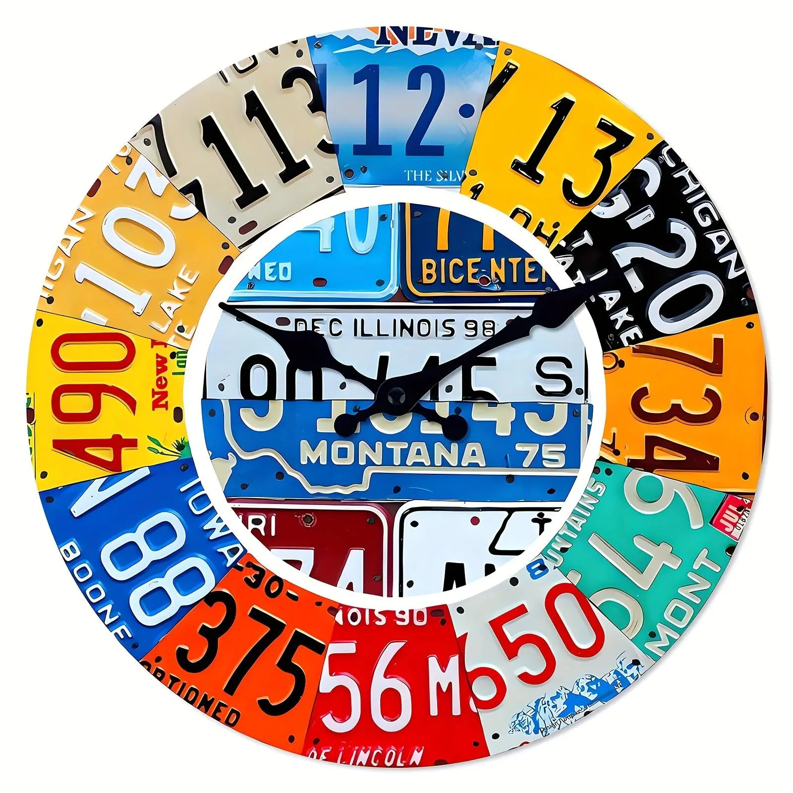 Colorful Car License Plate Pattern Wall Clock, 1 Count Battery Powered Silent Clock, Wall Decor for Home, Gift for Friend (Battery Not Included)