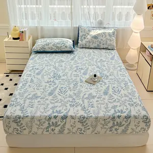 Cloud Feel Wrinkled Tropical Leaf Print Fitted Sheet Set, Elastic Band Bedsheet, Includes 1 Fitted Sheet & 2 Pillowcases