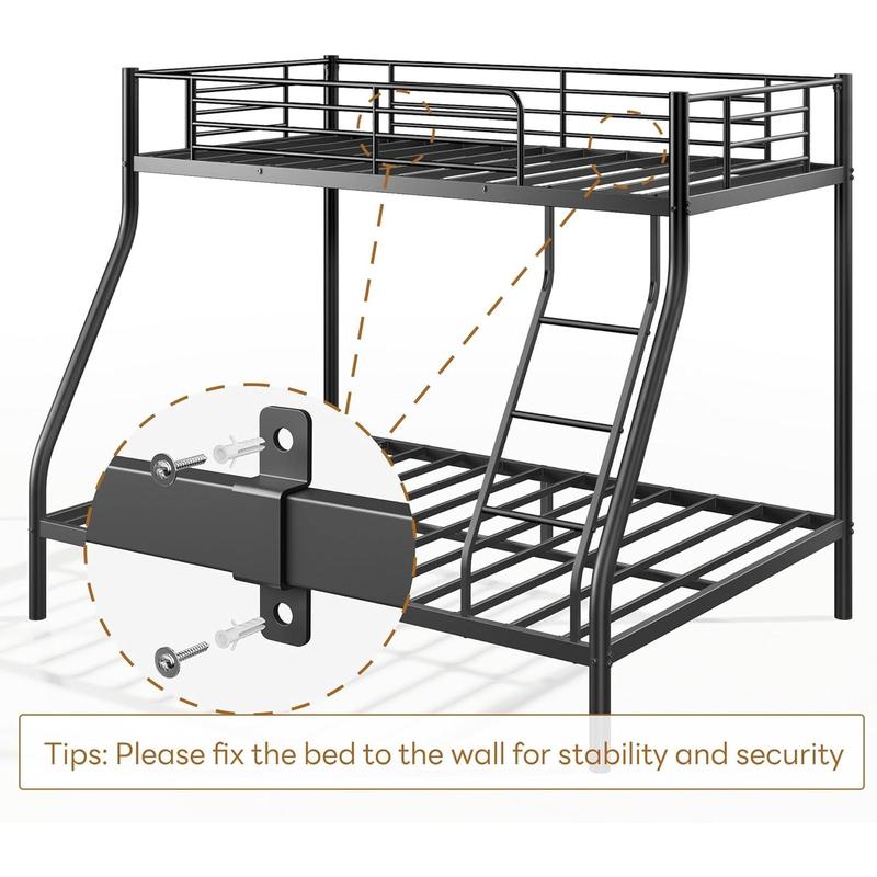 Bunk Beds Twin Over Full Size, More Sturdy Heavy Duty Metal Bunk Bed with Angled Ladder for Teens and Adults, Used for Spaces-Saving, Apartment or Dorm, Noise Free & Easy Assembly, Black