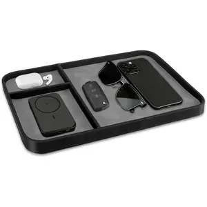 Valet Tray Organizer, PU Stylish and Organized Multifunctional Catchall Bedside Tray Nightstand Holder for Keys, Watch, Wallet, Jewelry and more (Black)