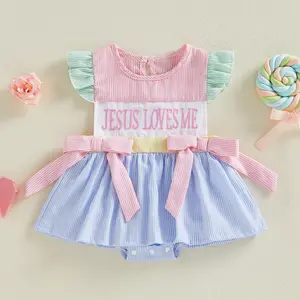Infant Baby Girl Christian Romper Dress Summer Flying Sleeve Crew Neck Letters Jesus Loves Me Embroidery Striped Onesie Bodysuit Jumpsuit