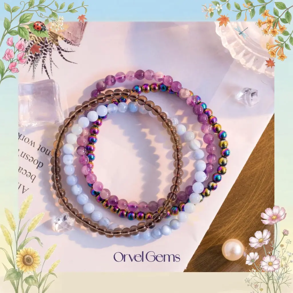 Anti-Anxiety & Stress Relief Bracelet Set – Stackable Dainty 4mm Bead Bracelets for Meditation | Dreamy Amethyst, Blue Lace Agate, Smoky Quartz, Rainbow Hematite | Crystal Healing Bracelets for Men & Women