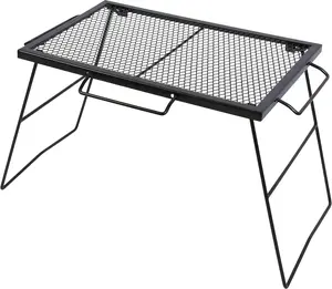 Portable Heavy-Duty Steel Folding Campfire Grill Grate, Black Over-Fire Grill with 2 Adjustable Heights for Outdoor Camping Fire Pit Cooking