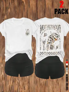 Women's Skeleton & Letter Print Short Sleeve Tee & Skinny Shorts Two-Piece Set, Casual Fashion Round Neck T-shirt & Shorts for Daily Wear, Ladies Two-piece for All Seasons, Clothes, Halloween, Elastic Shorts Set