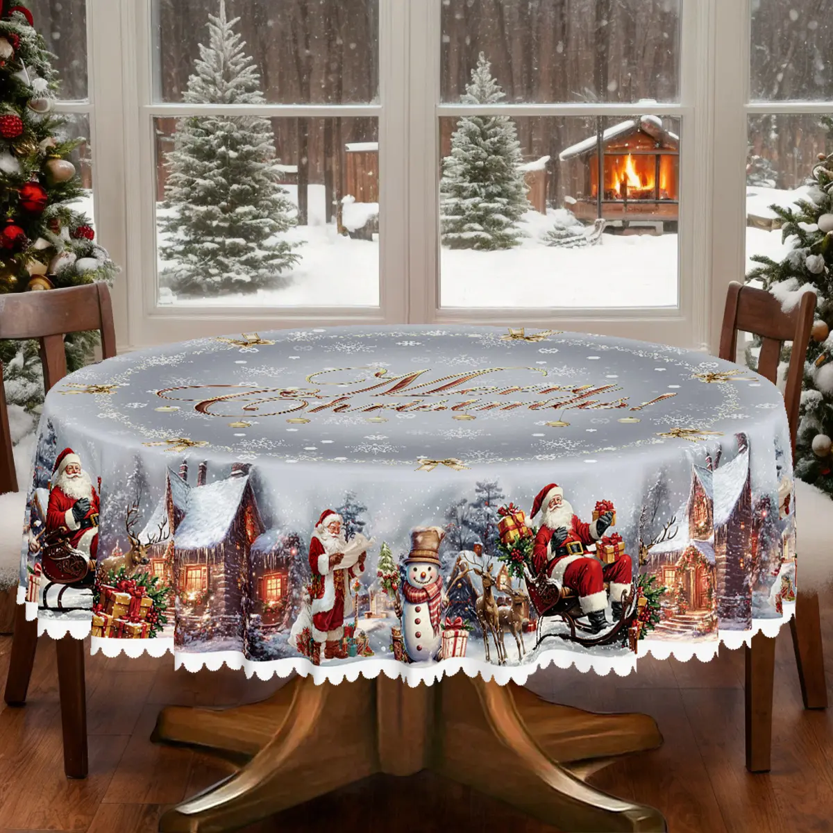1pc Stain-Resistant Polyester Christmas Party Tablecloth - Lace Embossed Edge, Rustic Animal Theme (Santa Claus, Snowman, Reindeer), Winter Scene Pattern, Multi-Size (Rect/Round/Oval) for Indoor Outdoor Dining Decoration