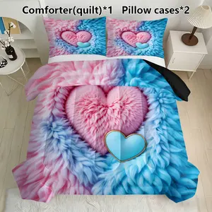Furry & Blue Heart Bedding Set, Includes 1 Comforter and 2 Pillowcases, Cute Romantic Decor for Bedroom, Soft Feather Silk Cotton