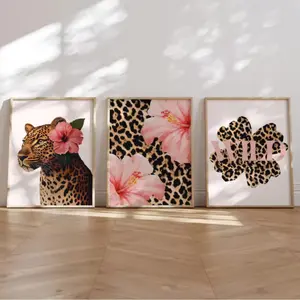 3 Piece Y2K Leopard Print Canvas Poster Set, Retro Hawaiian Aloha Animal Art, Floral Cloth Wall Decor, Unframed Hanging Painting Artwork