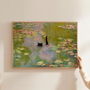 Cat Print Water Lily Impressionist Art Funny Gift Poster Black Cat Swimming Wall Art Home Decor, UNFRAMED