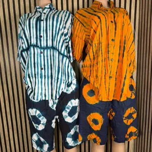 Set Cotton Tie Dye Shorts Pants with Top in Blue & Orange Stripes and Navy Blue with Orange Circles