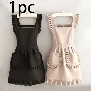 Stylish Korean-Style Apron — Waterproof & Stain-Resistant. A charming, lace-trimmed apron in classic black, designed to be stain-proof and sleeveless. Ideal for use in the home, kitchen, nail salons, and for cooking or baking. Serves as practical workwear