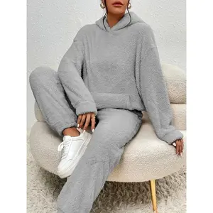【Plus Size】 Two-Piece Set Solid Plush Drop Shoulder Pocket Hoodie & Pants, Casual Fashion Cozy Hooded Sweatshirt & Trousers for Daily Outdoor Wear, Women Clothing for Winter