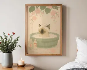 [UNFRAMED POSTER] Siamese Kitten Onsen Art, Japanese Bathroom Print, Kawaii Baby Cat Poster, Japandi Nursery Digital Wall Decor