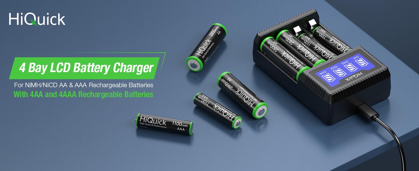 4-Slot Ni-MH Smart Battery Charger Set with 4-Pack AA 2100mAh and 4-Pack AAA 1100mAh Rechargeable Batteries - High Capacity Quick Charge Power Bundle for Toys, Remotes, and Household Devices
