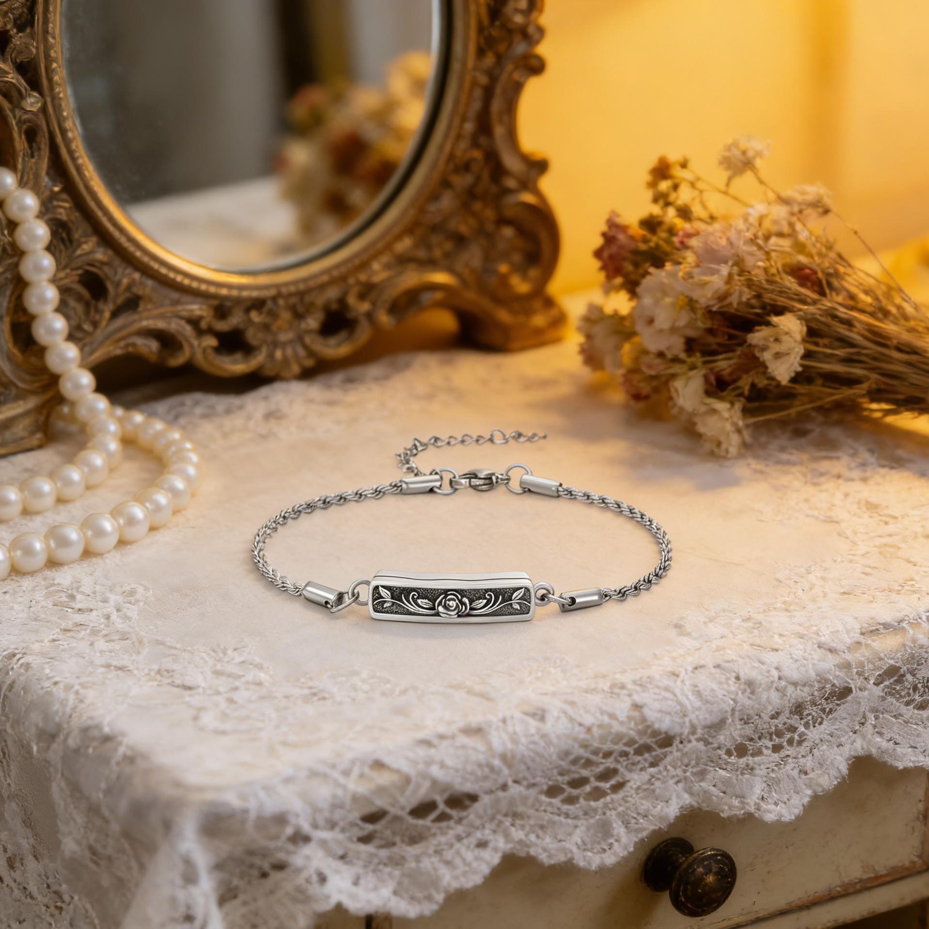 MEIDERBO Dream Chaser Rose Urn Bracelet 925 Sterling Silver Holds Ashes Flower Pendant Bella Chain Stainless Steel Rope Chain 7+2 Inch Memorial Jewelry