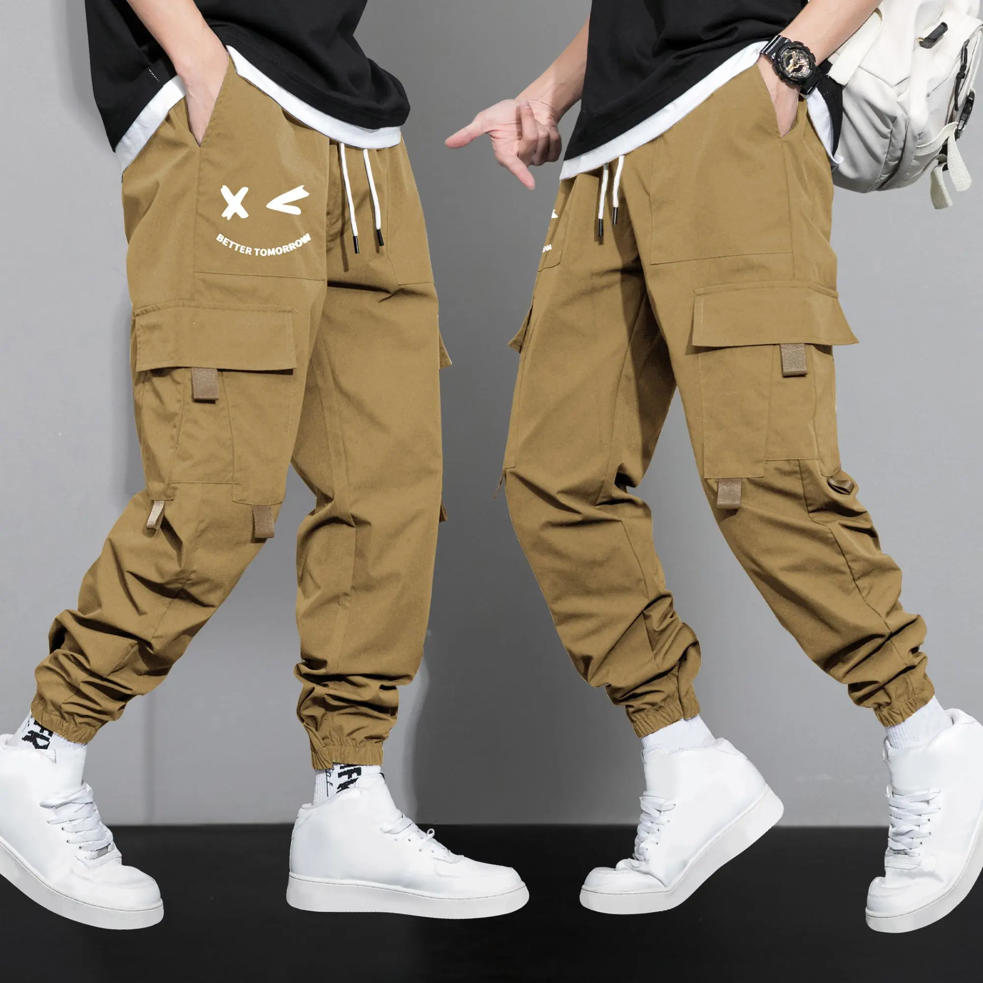Menswear Jogger Set, Men's 2-Piece Graphic Print Streetwear with Tactical Cargo Pants for Casual Outdoor Activities, Stylish, Fashion