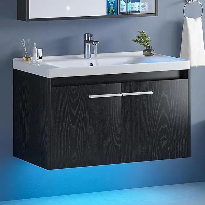 [Summerwins] HOMBCK 31" Black Bathroom Vanity with Sink, Wall Mounted Bathroom Sink Cabinet with LED Light, 2 Doors & Metal Handles #summer garden