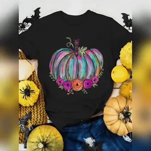 100% Cotton Women T-Shirt Watercolor Pumpkin Flower Thanksgiving Halloween Men Women T-Shirt Print Round Neck Short Slee Lightweight Unisex