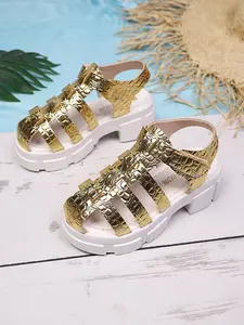 Roman Sandals with Glossy Crocodile Pattern, Thick Non-Slip Sole for Summer Outings, Eye-Catching Girls Footwear