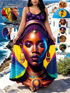 Plus Size Women's Dress, 6 Colors Available, Casual Elegant Sexy Ethnic Print Adjustable Straps V-Neck Long Dress, Perfect for Home, Daily Wear, Travel