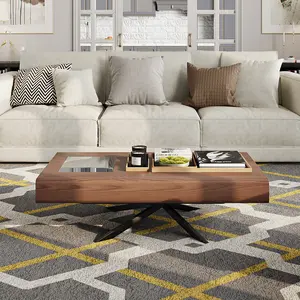 Mid-century Modern Coffee Table, Rectangular Wood Coffee Table with Tempered Glass, 55.11"