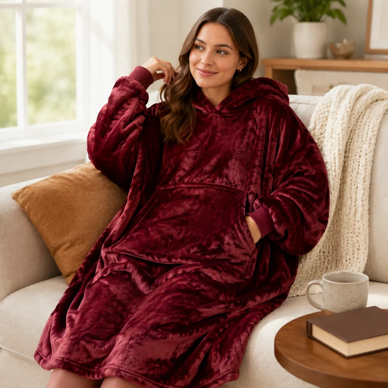 Oversized Wearable Blanket Hoodie for Adults, Ultra-Soft Plush Fleece Hooded Sweatshirt with Giant Pocket and Ribbed Cuffs, Unisex Large，120cm-47.2in