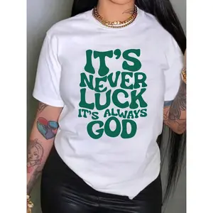 Women's Punk Rock Band Retro Graphic T-Shirt - "It's Never Luck It's Always God" Bold Green Letter Print, 100% Cotton Loose Fit Short Sleeve Round Neck Tee for Casual Summer Outfits, Casual Attire | Vintage Vibe | Cotton Tshirt