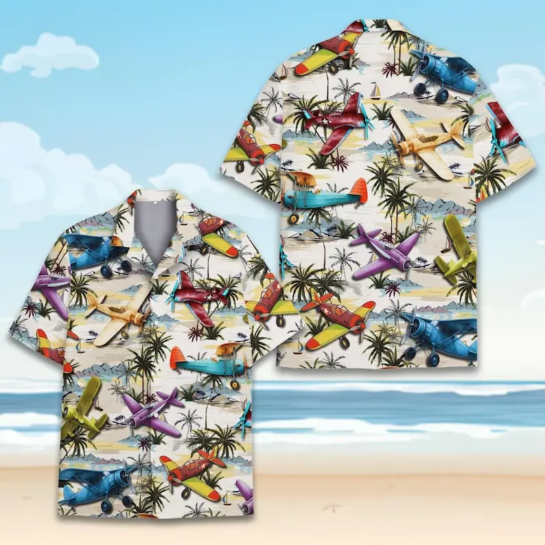 Vintage Airplane Hawaiian Shirt Men Women Youth, Retro Propeller Plane Shirt with Tropical Island Palm Tree Print, Aviation Button Up Shirt