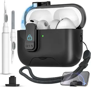 For Airpods Pro 3 Case(2025) with Secure Lock Clip, Automatic Pop-Up Full Drop Protective Hard Cover for Apple Airpod Pro 3Rd Generation with Lanyard & Cleaning Kit (Black-A) meiyasy