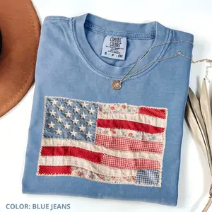(PRINT) Comfort Colors Retro American Flag Shirt, Faux Patchwork USA Tee, 4th of July Patriotic Graphic Shirt, Independence Day T-shirt, USA Flag Shirt