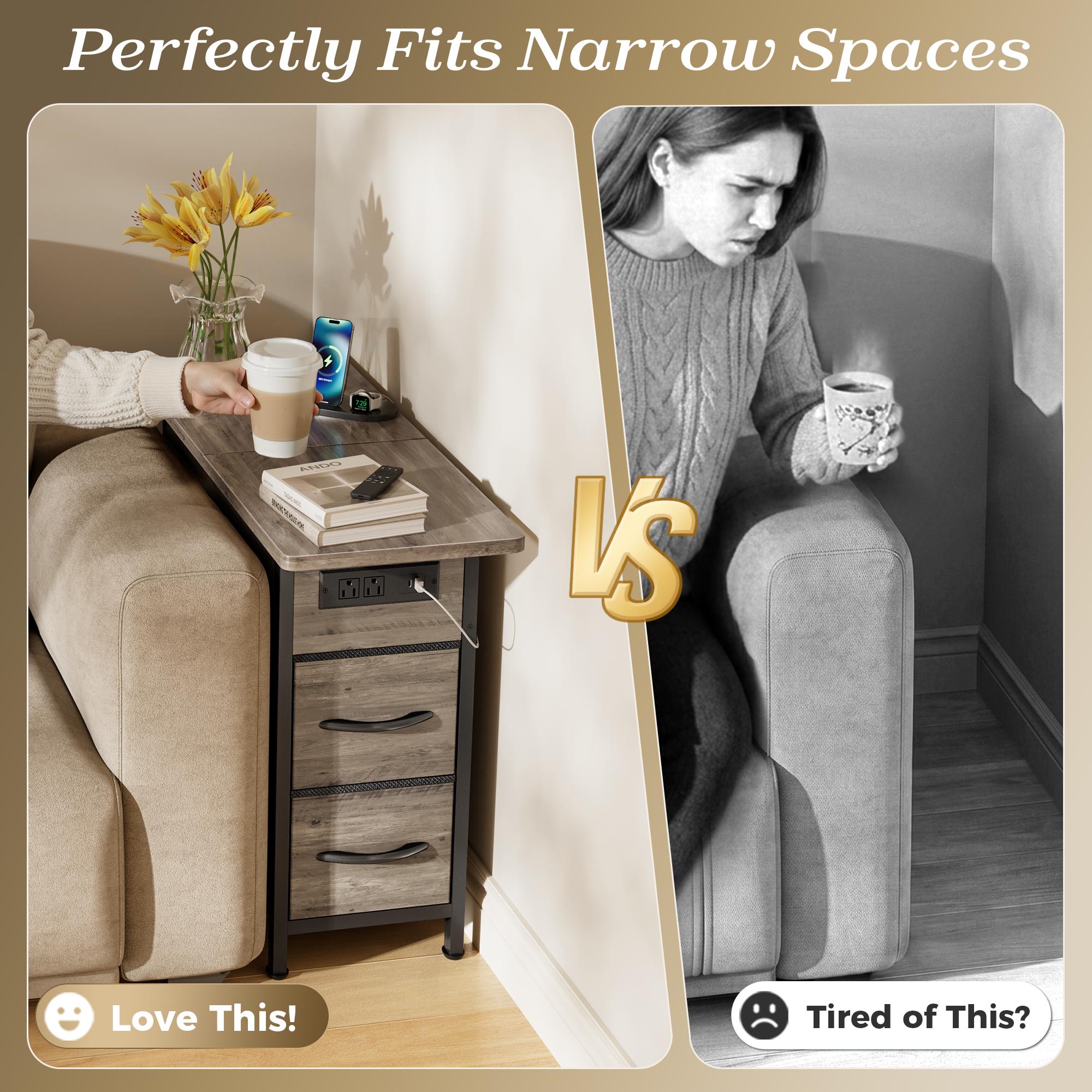 Huuger Narrow End Table with Charging Station, Flip Top Side Table with 2 Fabric Drawers, Slim Night Stand with USB-C Port for Small Spaces, Nightstand Bedside Couch Table, Living Room Huuger Narrow End Table with Charging Station, Flip Top Side Table with 2 Fabric Drawers, Slim Night Stand with USB-C Port for Small Spaces, Nightstand Bedside Couch Table, Living Room