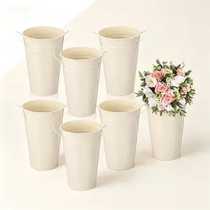 Galvanized Metal Planters with Handles Set of 6 Farmhouse Flower Buckets Bulk Wedding Table Centerpiece Decorations Rustic Home Decor Beige 9.8 Inch Reusable Indoor Outdoor Arrangements
