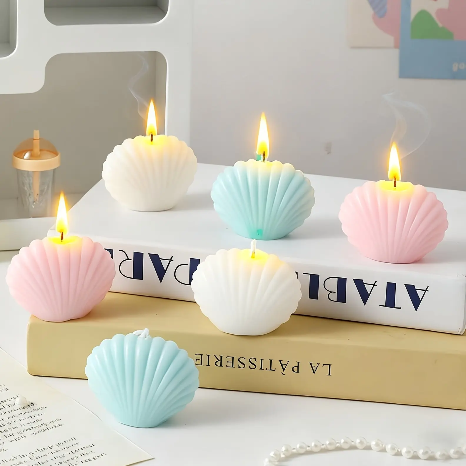 Shell shaped candles, scented candles, Floral Candle, Decorative candles, wax products - soy wax, shell imitation pearl candles, Holiday Candles, weddings, birthdays, and family party gifts, guest companions, party decorations, home decor