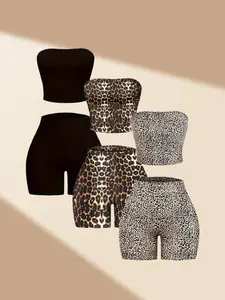 Classic Leopard Print Solid Color Casual Wear Halter Crop Top and Shorts Set, 6 Piece Set, Womenswear Women's Summer Outfit, Fashionable and Comfortable