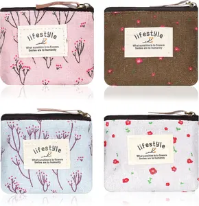 Mini Makeup Bag, 4 Pcs 4×3.7 Inch Linen Floral Small Makeup Bag for Purse Portable Small Zipper Pouch Cute Fabric Mini Cosmetic Bags for Women Girls Home Travel Lipstick Coin Cards Storage (4 Style)