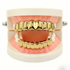 Hip Hop Gold Plated Grillz 8 Top & 8 Bottom Teeth Plain Smooth Surface Dental Jewelry