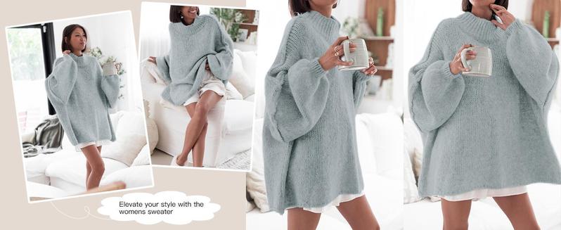 Imily Bela【Oversized】Womens Sweaters Mock Neck Batwing Long Sleeve Fall Trendy Ribbed Knit Casual Tunic Sweater