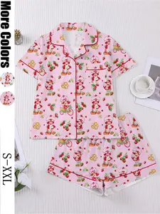 Women's Strawberry Cartoon Print Sleepwear Set, Short Sleeve Button-Up Top & Elastic Shorts, Casual Home Wear for Daily Use
