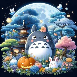 5D DIY Full Drill Round Diamond Painting - Diamond Art Kit Totoro, Full Moon, Garden Mosaic, Canvas - DIY Decorative Painting, Home Wall Decor, Suitable for Halloween and Christmas, Birthday and Anniversary Gifts