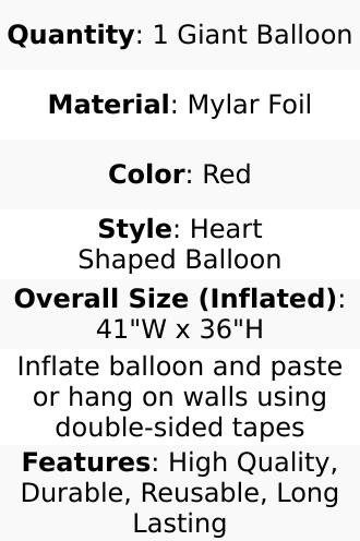 41"x36" Metallic Red Giant Heart Mylar Foil Balloon, Photo Backdrop Balloon Quilt